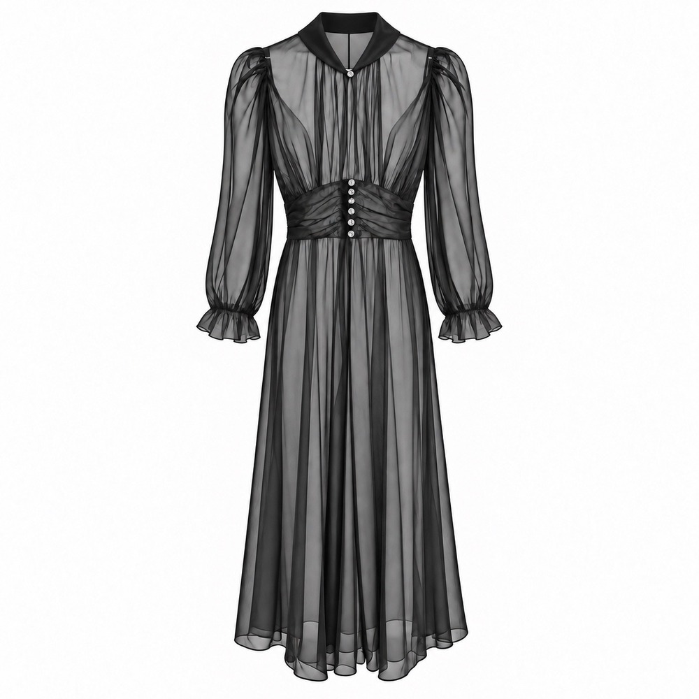 Vintage Sheer Black Nylon Maxi Dressing Gown Goth Romantic Ruffle Size 36